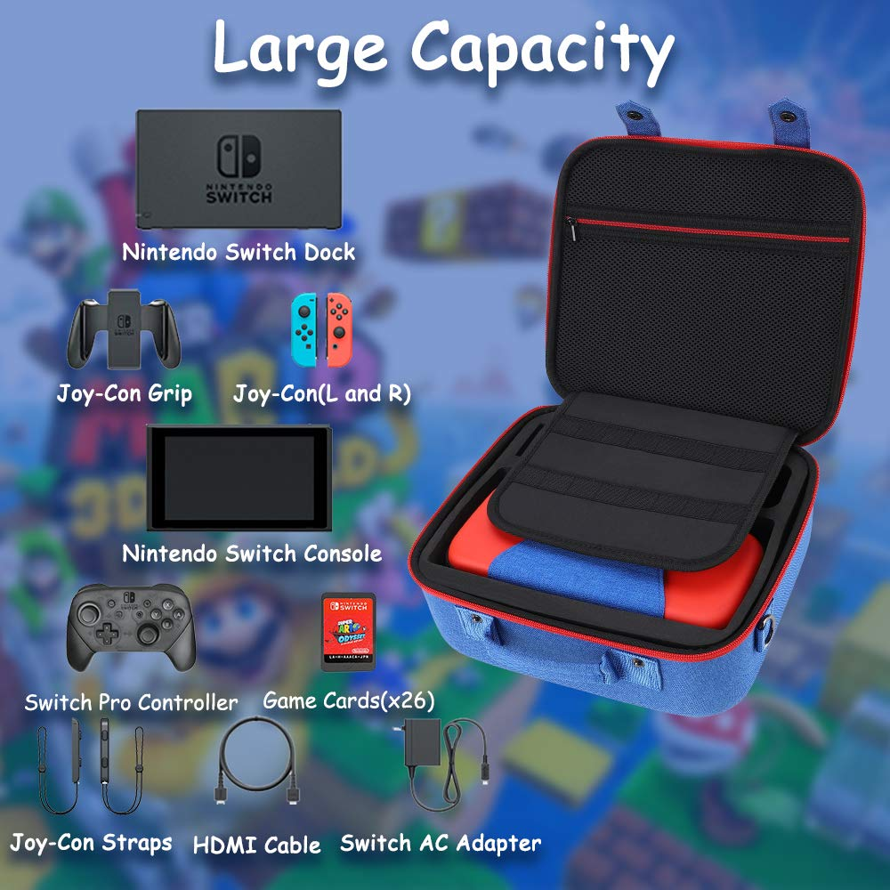 Nintendo Switch Zubehör mit blauer Tragetasche. Enthält Dock, Joy-Cons, Controller, Konsole, Kabel und Adapter.