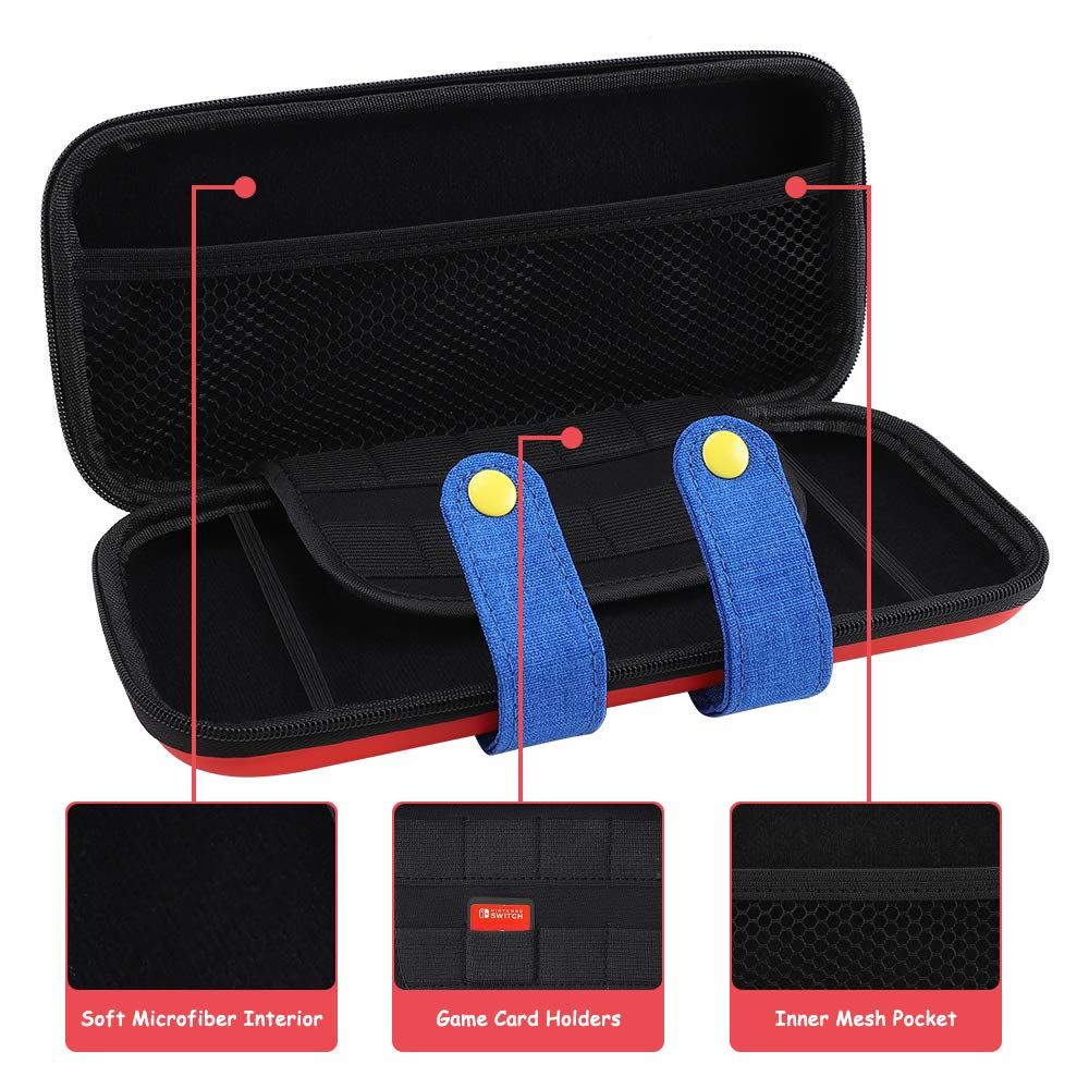 Roter Koffer für Nintendo Switch mit weichem Innenfutter, Spielkartenhalter und Netztasche.