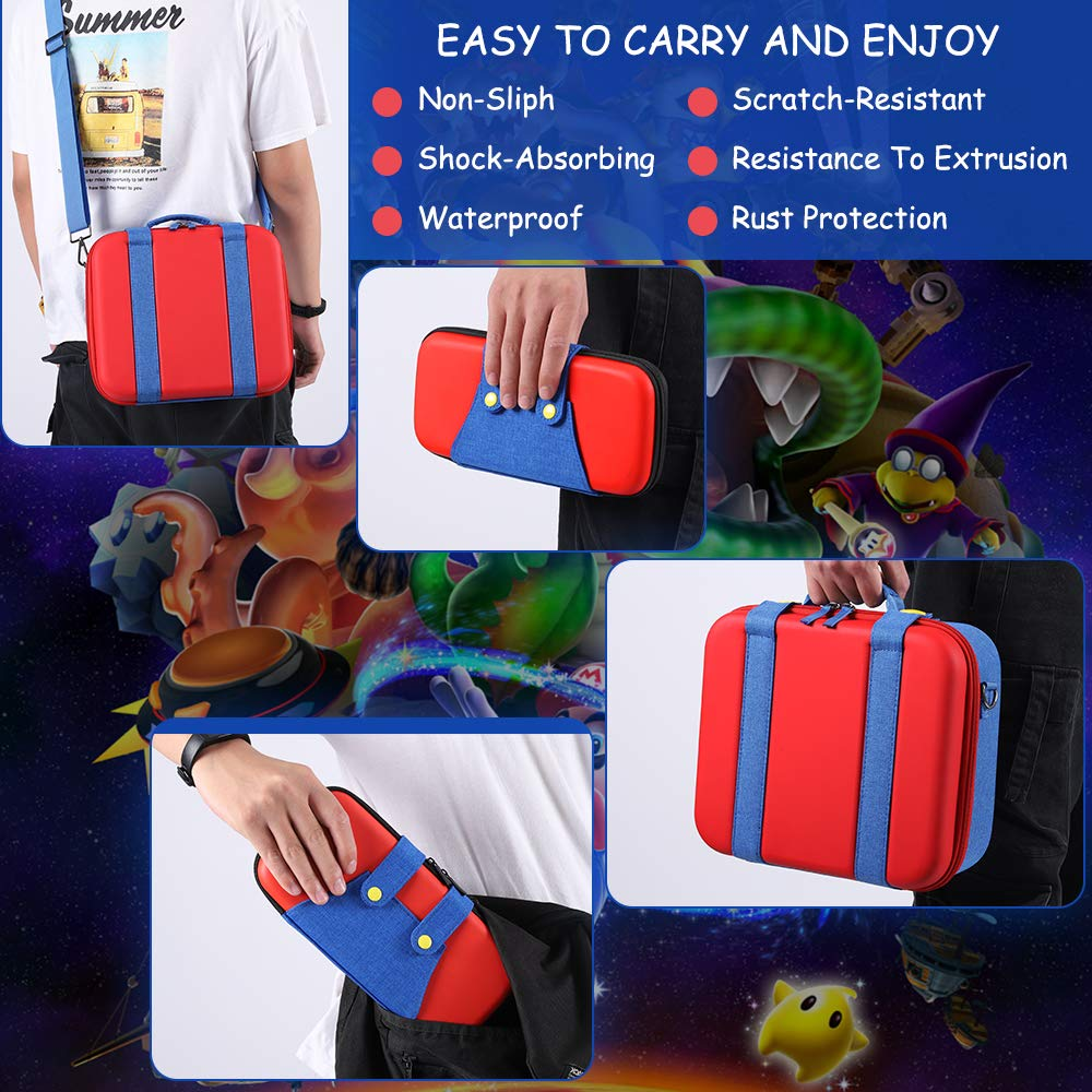 Rote und blaue Tasche mit Griffen, daneben Spielecharaktere.