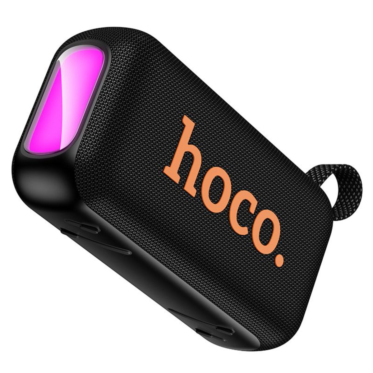 Schwarzer Lautsprecher mit pinker LED und orangenem Hoco-Logo.