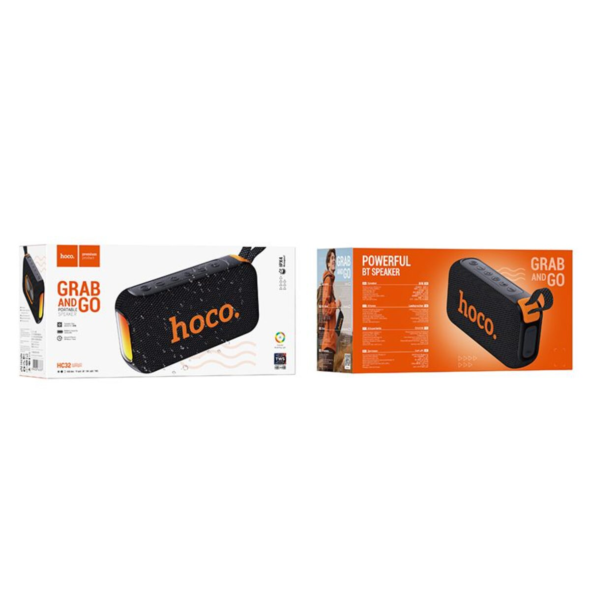 Schwarzer Hoco-Lautsprecher mit orangefarbenen Akzenten auf Verpackung und Gerät.