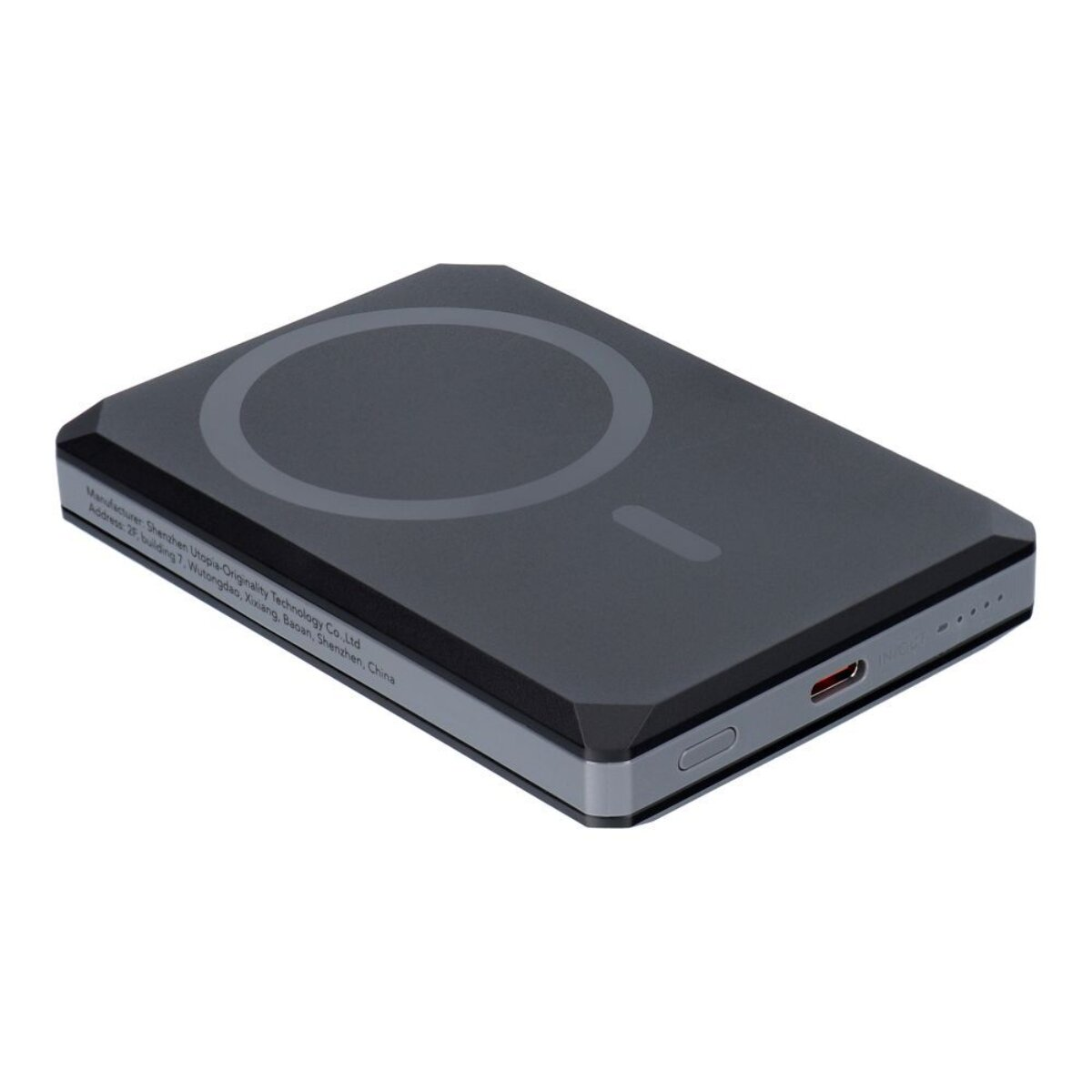 Schwarzes Powerbank mit Kreis und Ladeanschluss auf weißem Hintergrund.