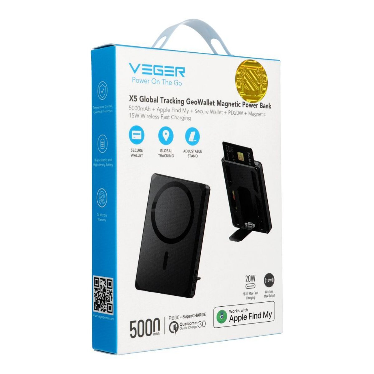 Verger Power Bank Verpackung zeigt ein schwarzes magnetisches Gehäuse mit Kartenhalter.