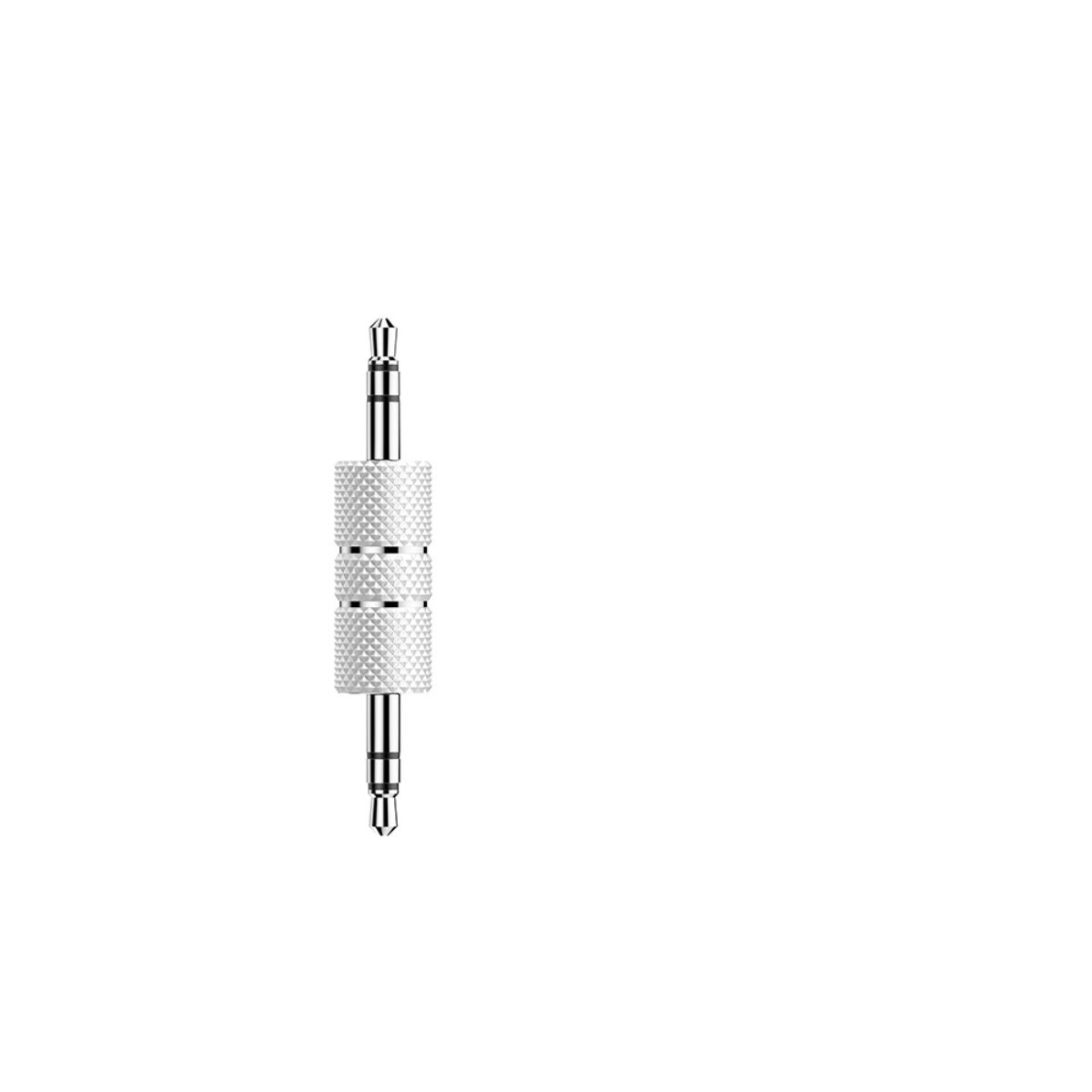 Ein silberner 3,5-mm-Klinkenadapter mit gerändelter Oberfläche.