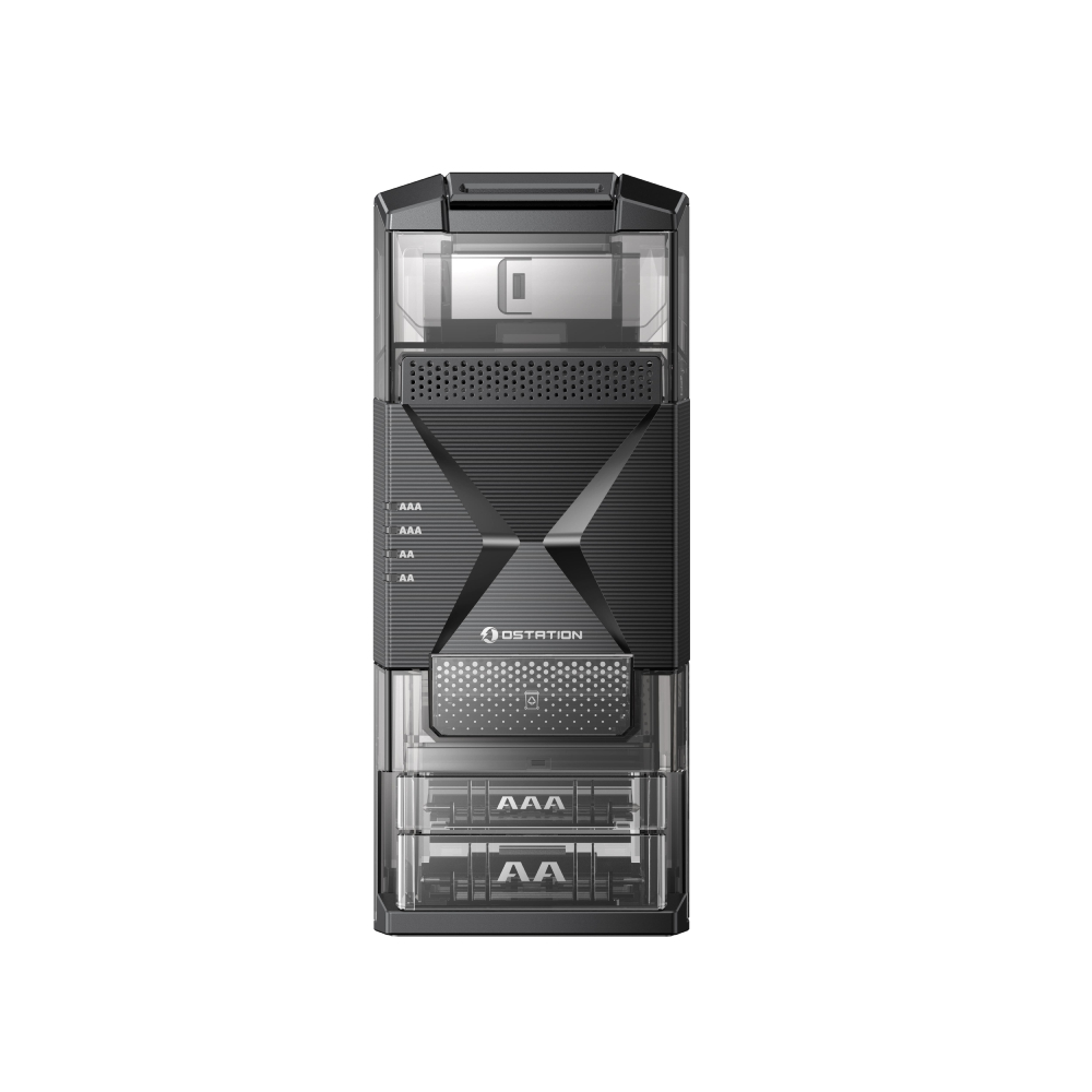 Organizzatore di batterie nero con scomparti trasparenti per batterie AAA e AA.