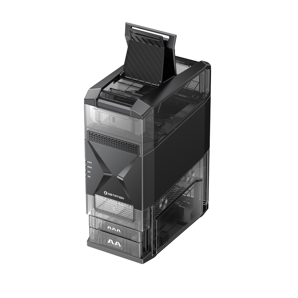 Un case PC nero trasparente con uno sportello aperto in alto e feritoie di ventilazione.