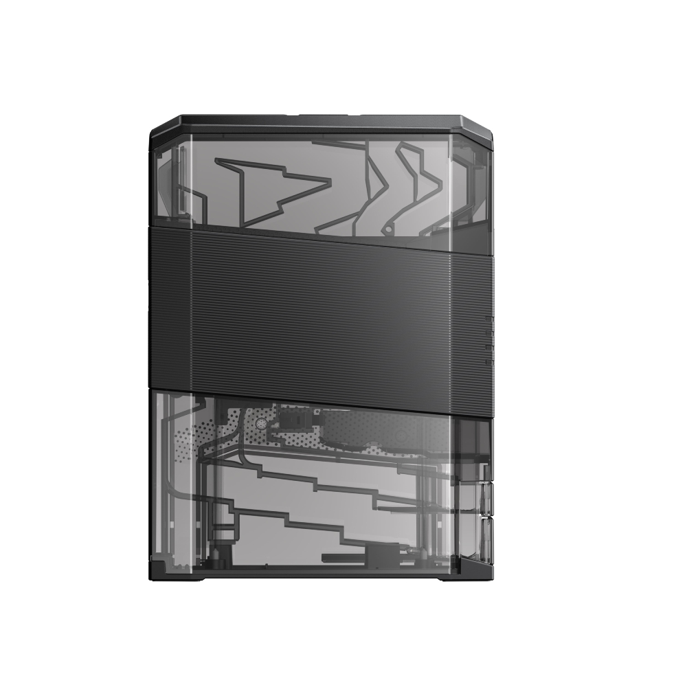 Un case per computer nero trasparente con complesse strutture interne.