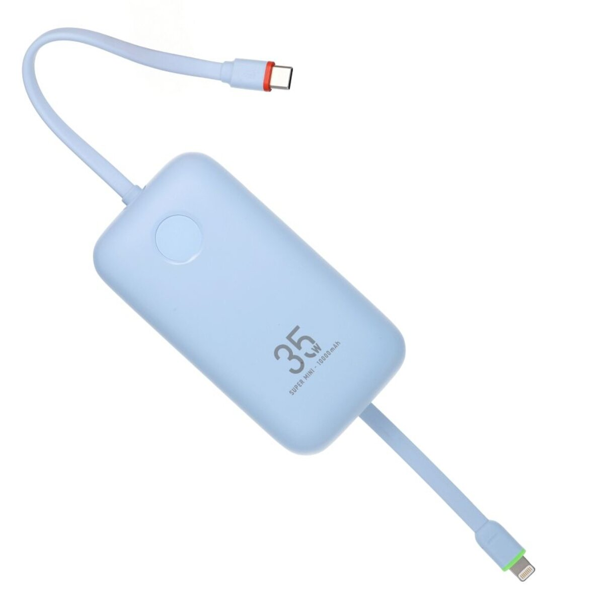 Ein hellblaues Powerbank-Gerät mit 35W und 10000mAh, mit integrierten Kabeln.