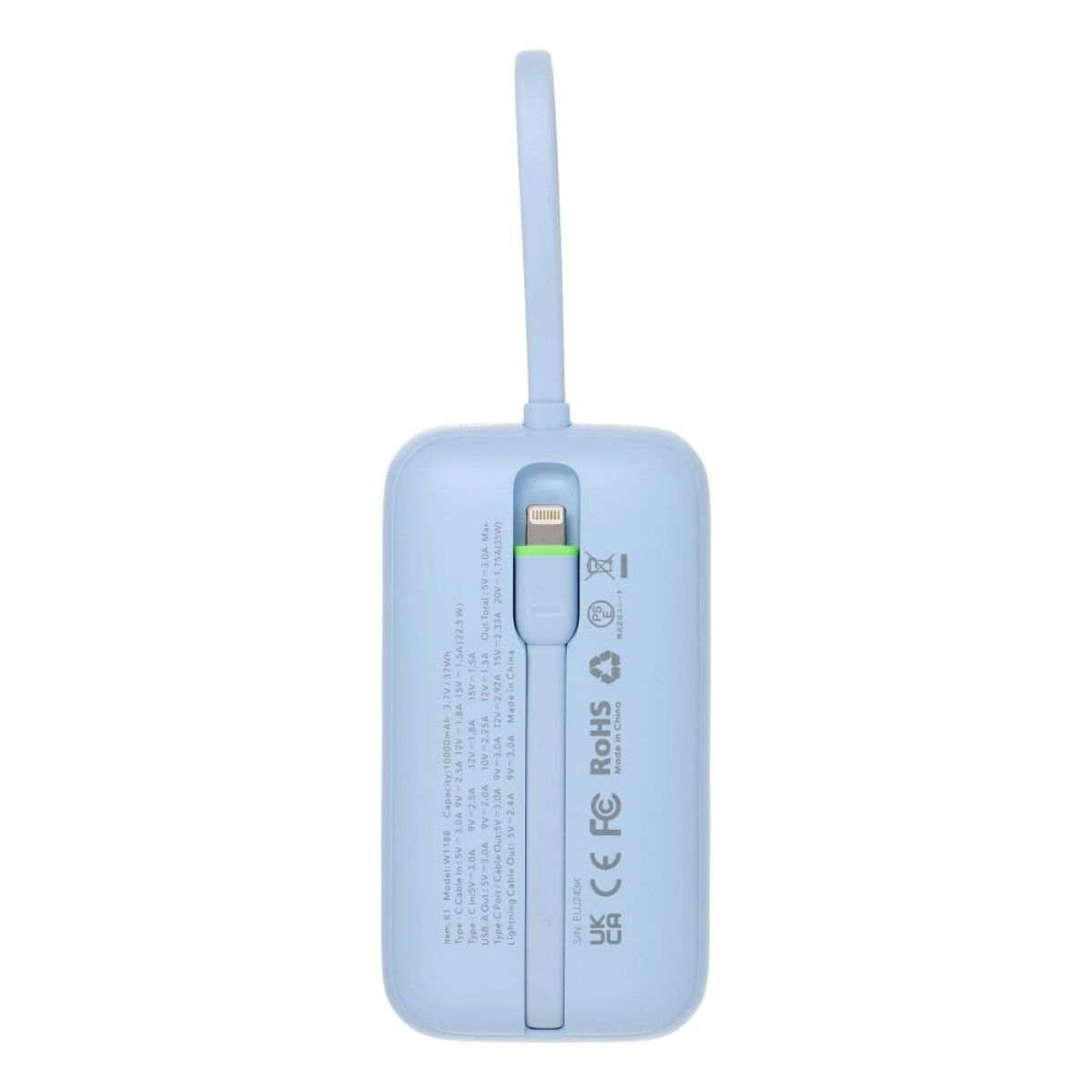 Ein hellblaues Ladecase mit integriertem Lightning-Kabel und USB-C-Anschluss.