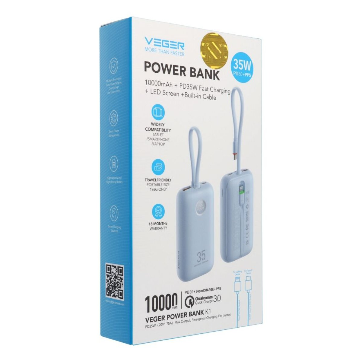 Verpackung einer blauen Powerbank mit 10000 mAh und 35 W Schnellladung.