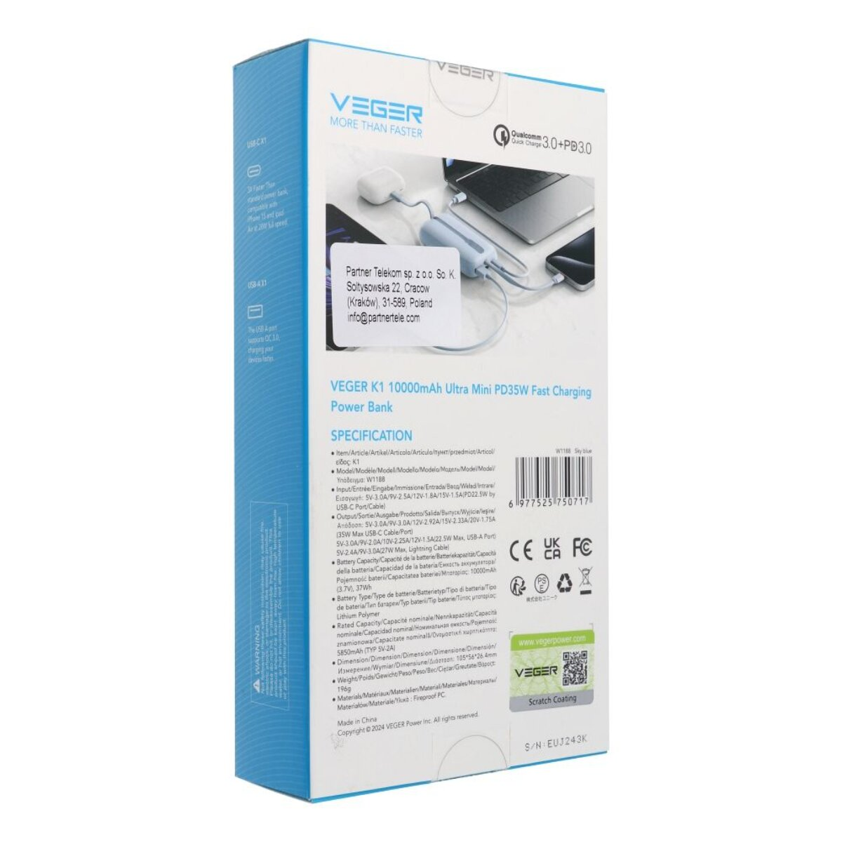 VEGER K1 10000mAh Powerbank mit PD35W Schnellladung, lädt Laptop und Handy.