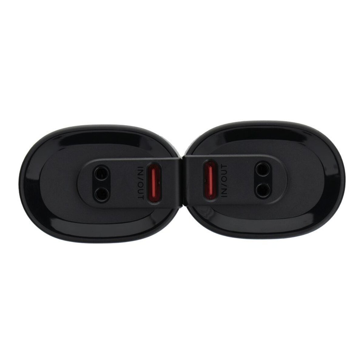 Zwei schwarze ovale Stecker mit je zwei Anschlüssen und Beschriftung 'IN/OUT'.