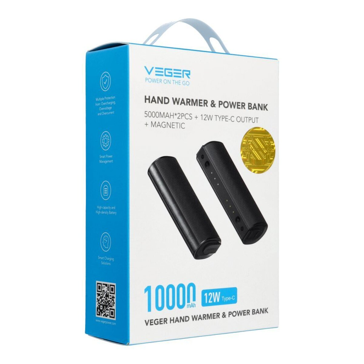 Verpackung eines Handwärmers und einer Powerbank mit zwei schwarzen Geräten.