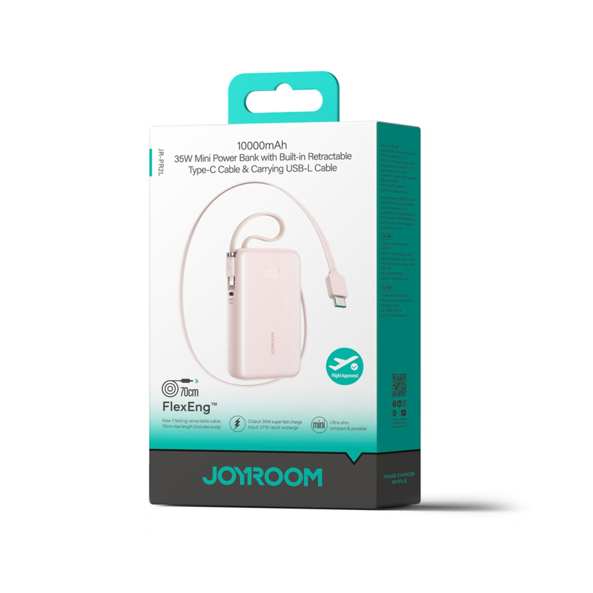 Ein rosafarbener 10000mAh Mini-Powerbank mit 70cm einziehbarem Kabel.