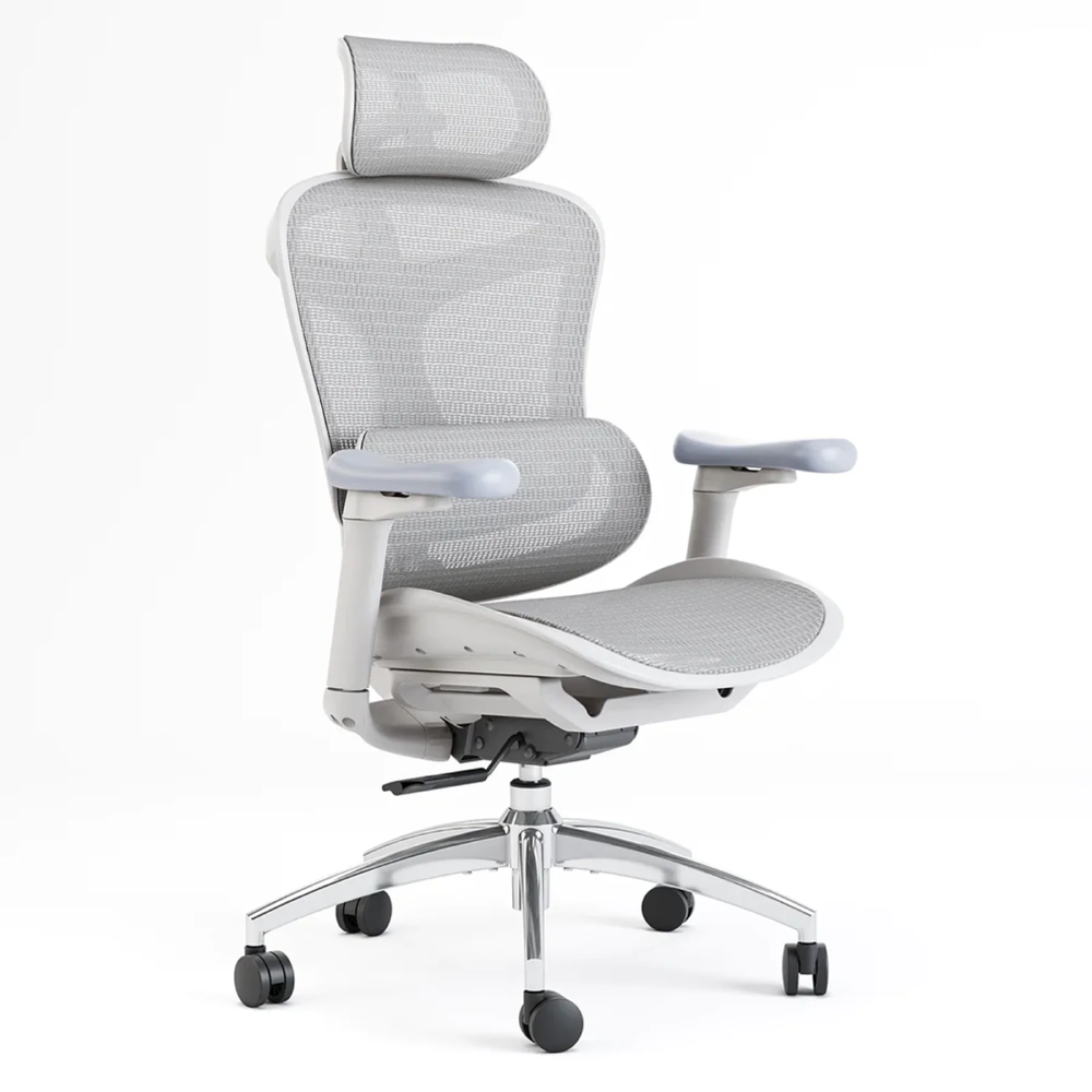 Un fauteuil de bureau ergonomique moderne gris avec dossier en maille.