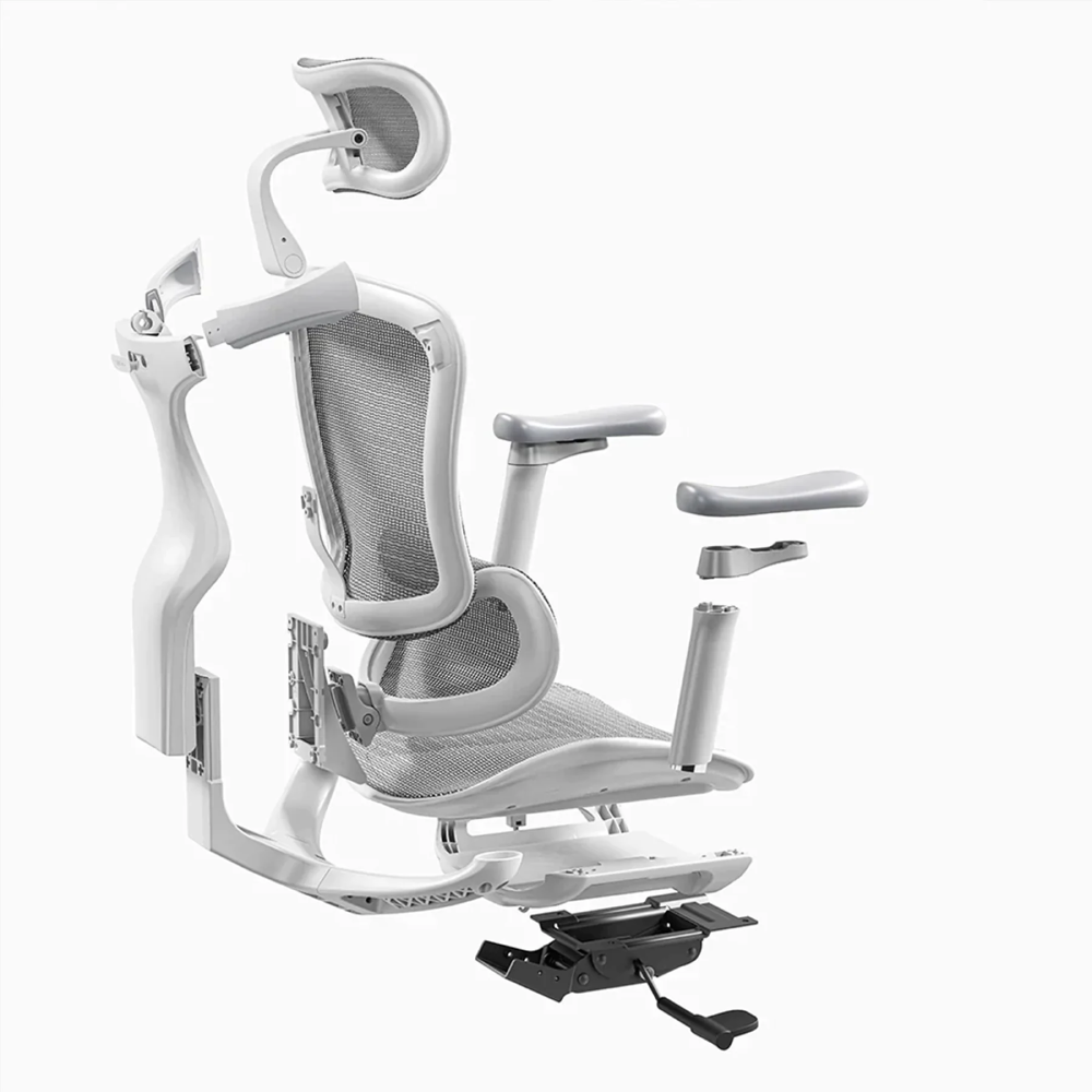 Vue éclatée d'une chaise de bureau blanche avec pièces détachées.