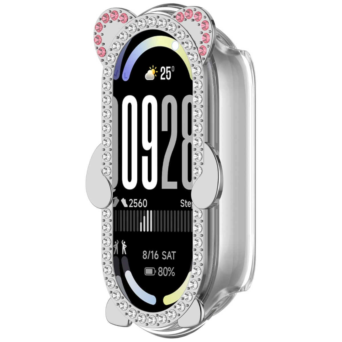 Ein Fitness-Tracker mit Bärenohren und Strasssteinen, zeigt 09:28 Uhr, 25°C, 2560 Schritte.