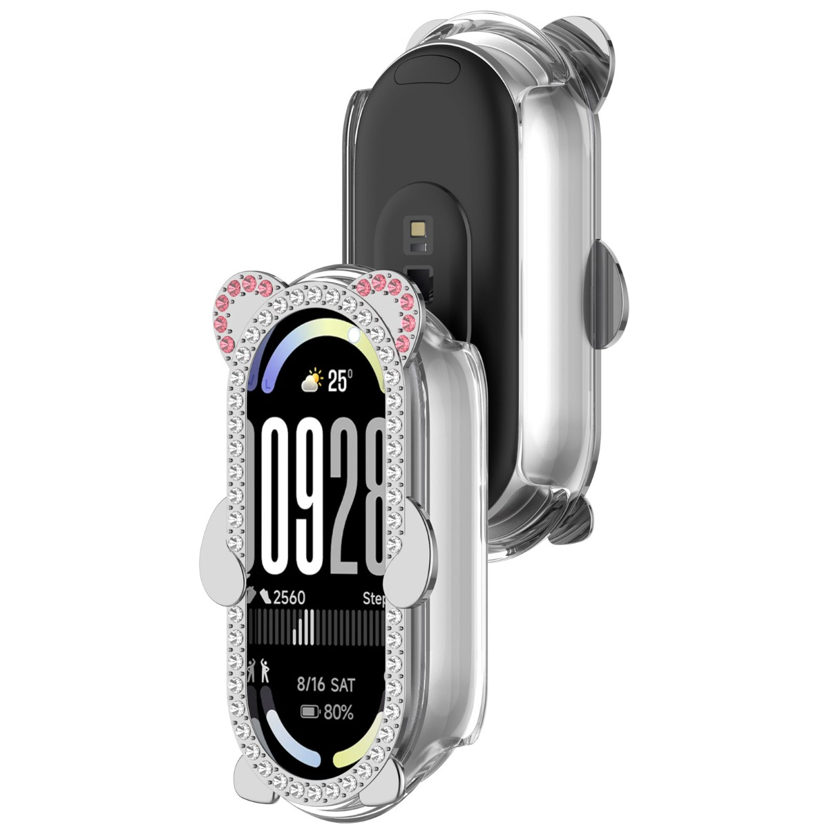 Ein durchsichtiger Schutz mit Teddybären-Motiv für ein Smartband, verziert mit rosa und weißen Strasssteinen.