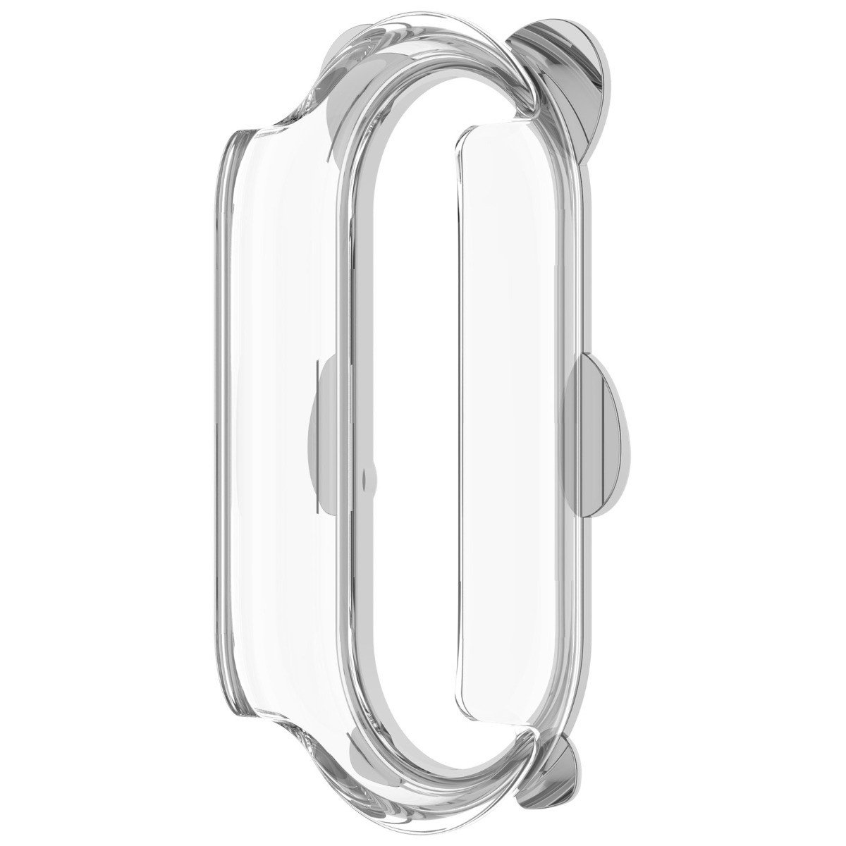 Ein klarer, ovaler Schutz für ein Wearable mit zwei grauen Knöpfen.