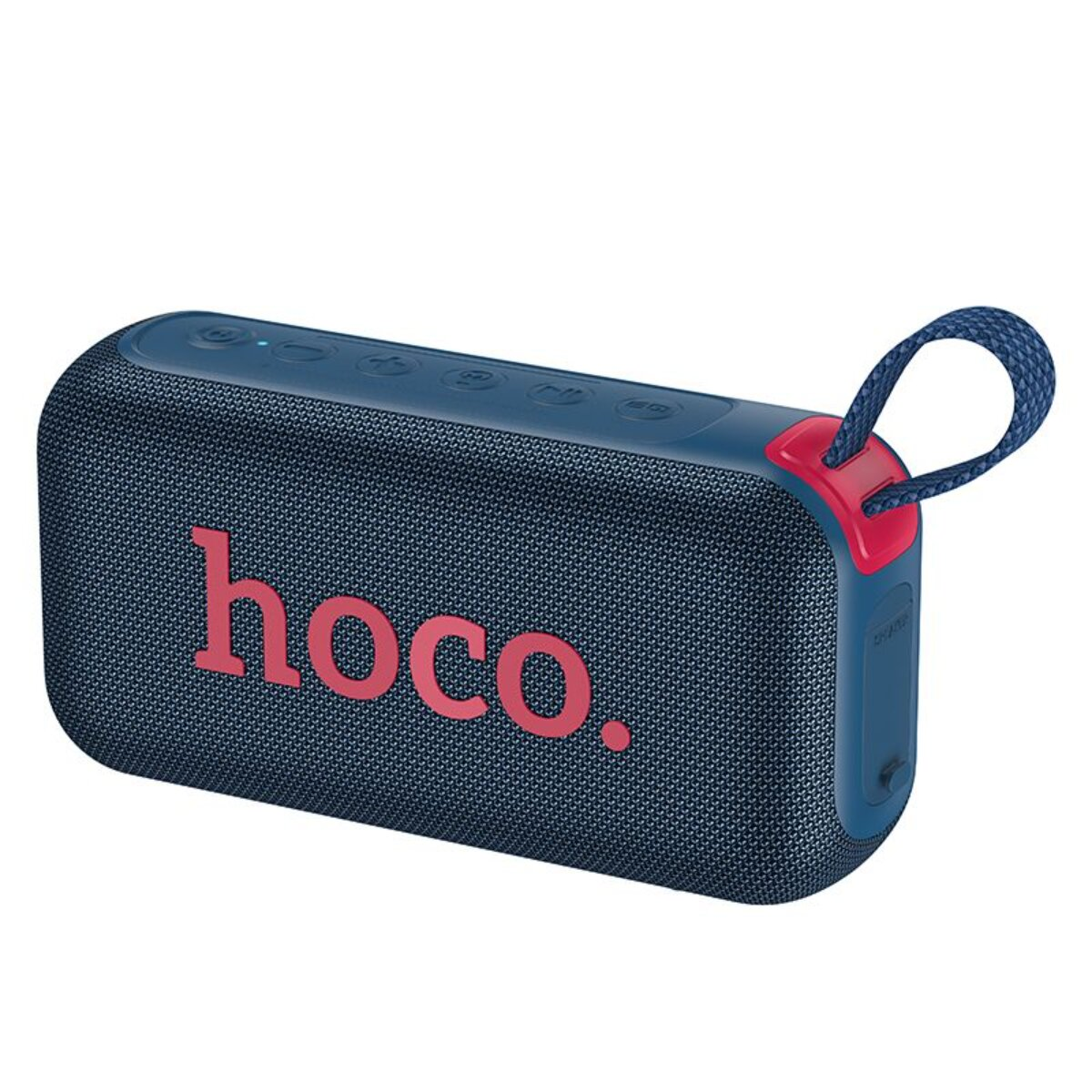 Altoparlante blu scuro con logo rosso 'hoco.' e laccetto.