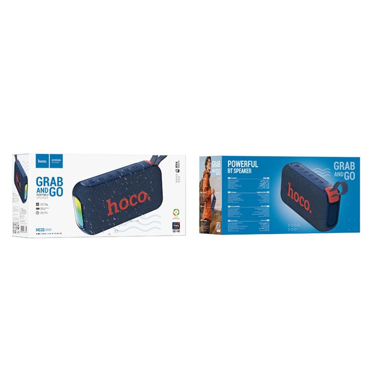 Altoparlante Bluetooth Hoco blu con logo rosso su confezione.
