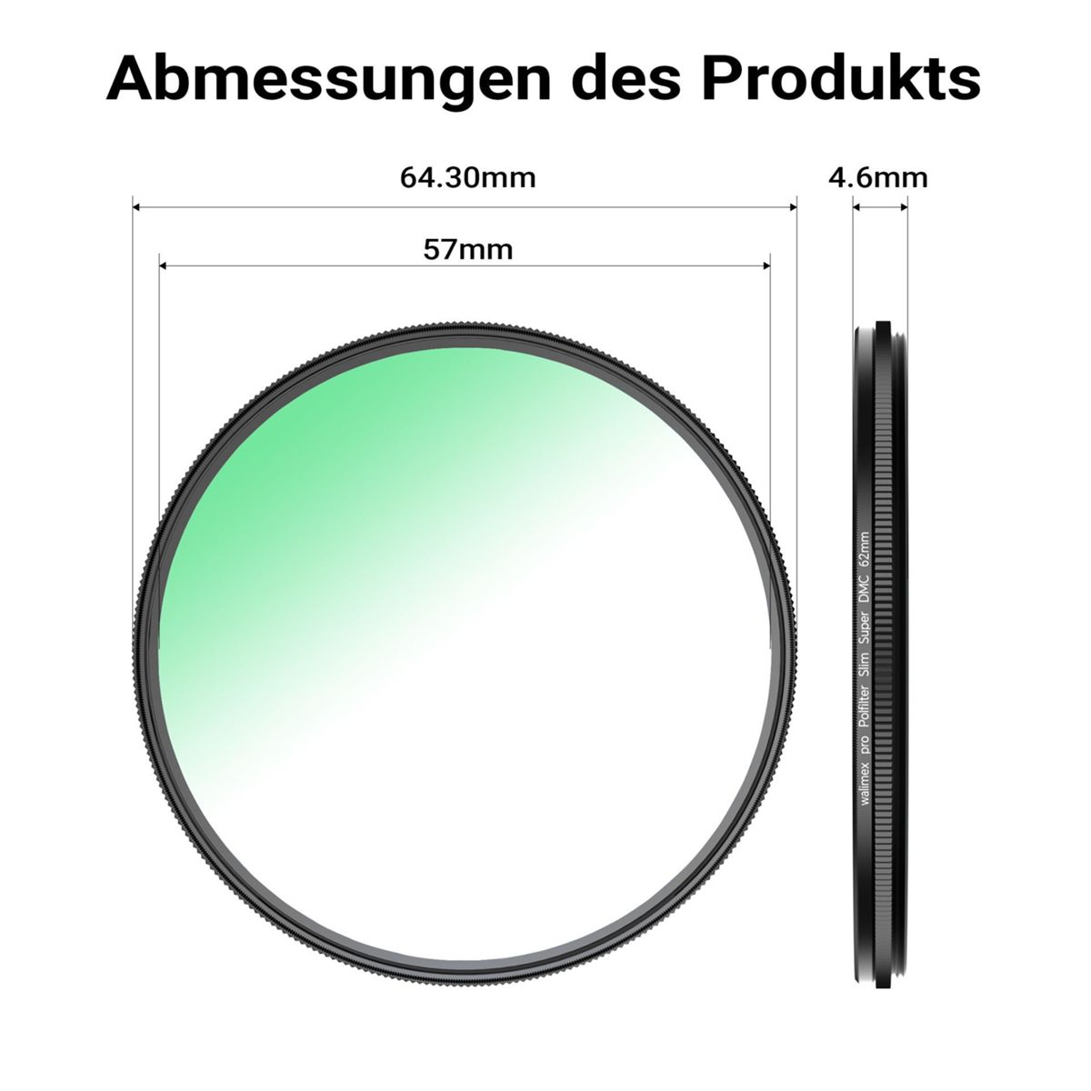 Ein runder grüner Filter mit Maßen 64,30 mm und 57 mm Durchmesser, 4,6 mm dick.