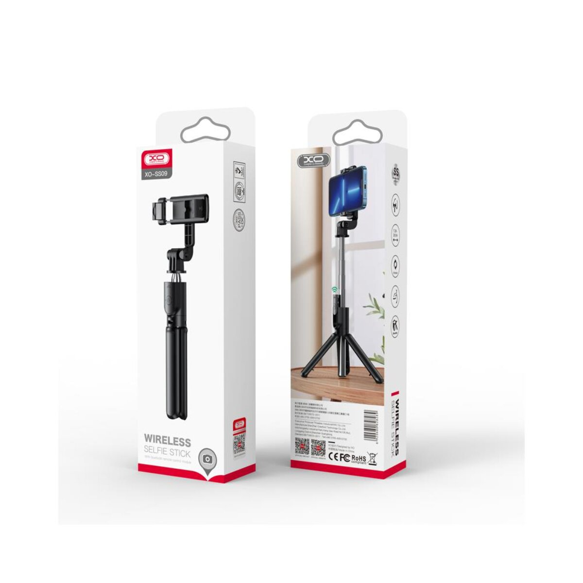 Verpackung für einen schwarzen kabellosen Selfie-Stick mit Stativbeinen und Handyhalter.