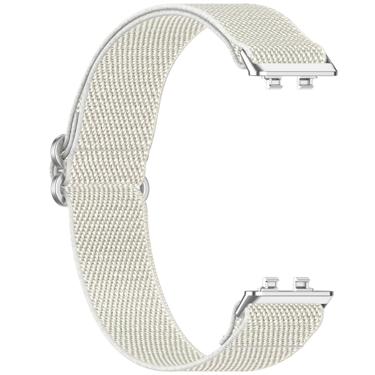 Ein hellgraues Stoffarmband mit silbernen Verbindungsstücken für eine Uhr.