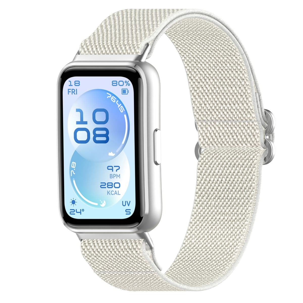 Silberne Smartwatch mit hellem Stoffarmband und digitaler Anzeige: 10:08 Uhr, 80% Akku.