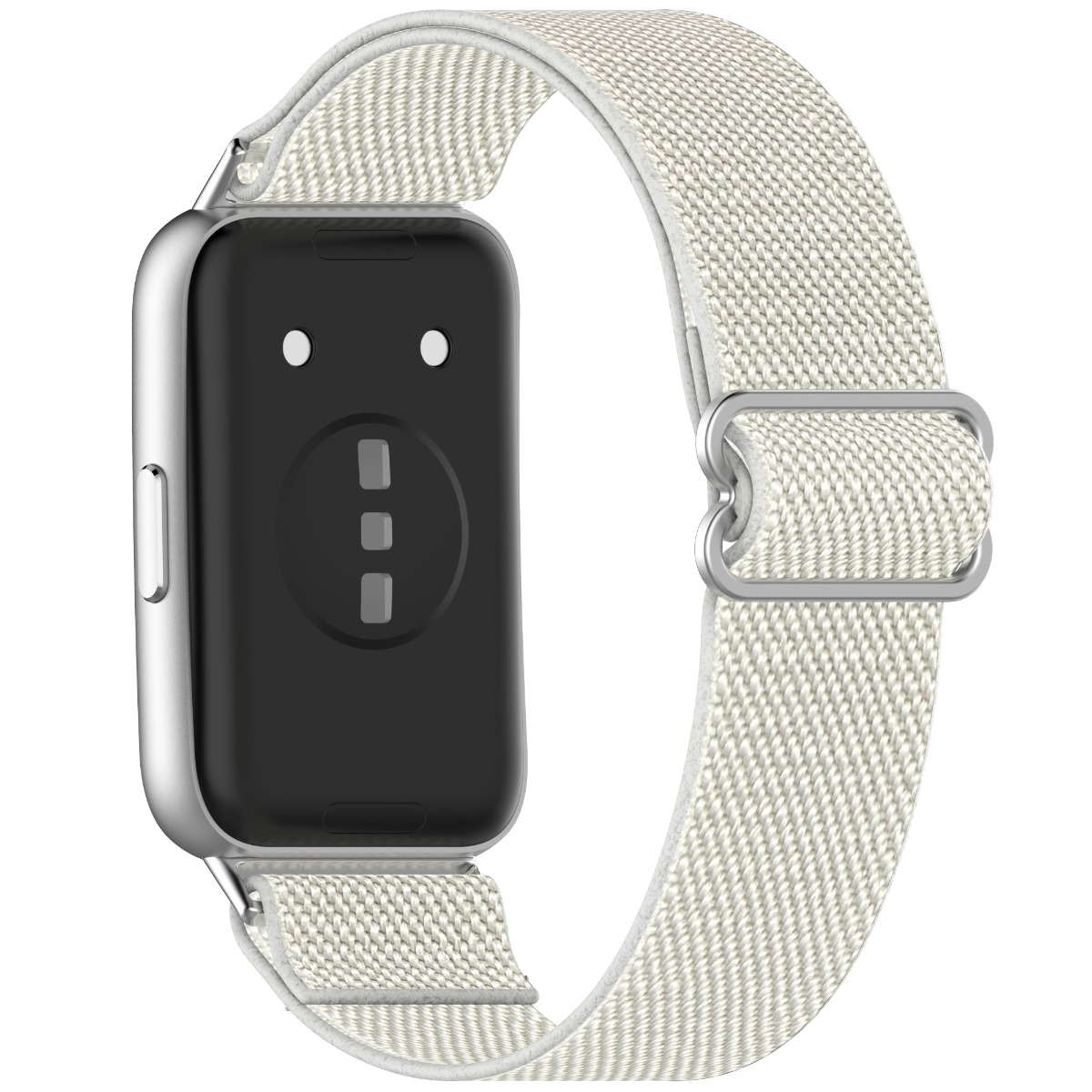 Eine silberne Smartwatch mit einem hellbeigen Stoffarmband und silberner Schnalle.