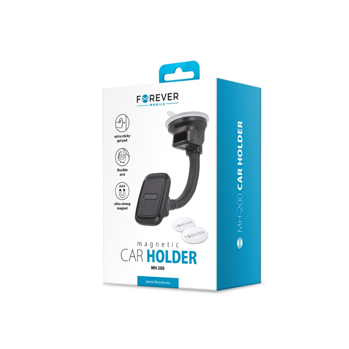 Verpackung eines magnetischen Autohalters mit Saugnapf und flexiblem Arm.
