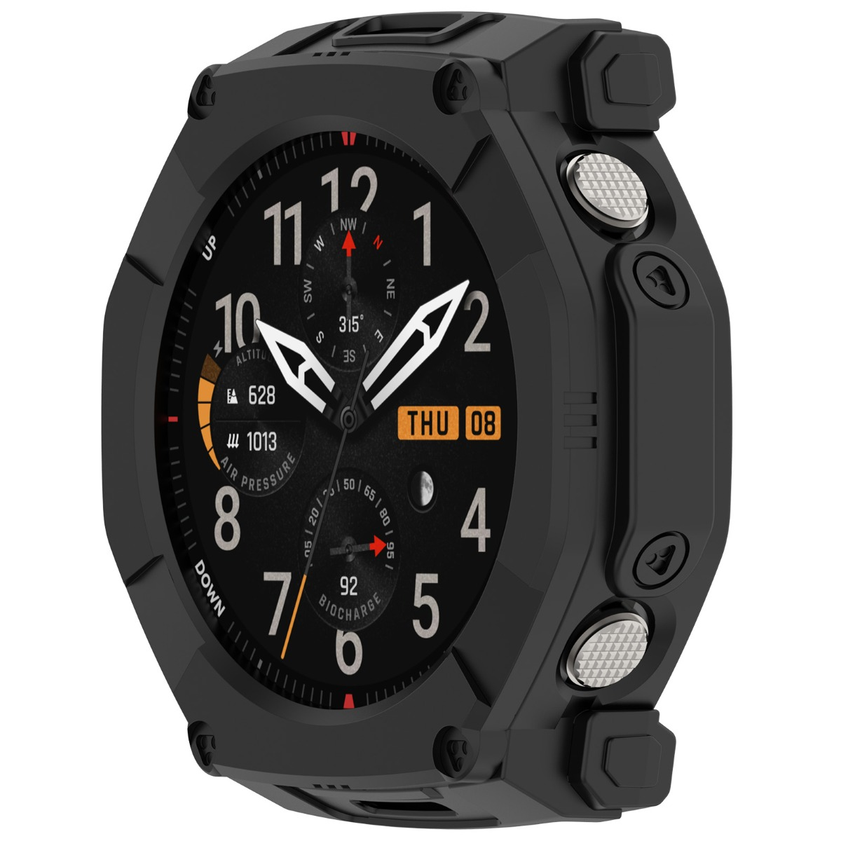 Eine schwarze Smartwatch mit digitalem Display, das Datum und Uhrzeit anzeigt.