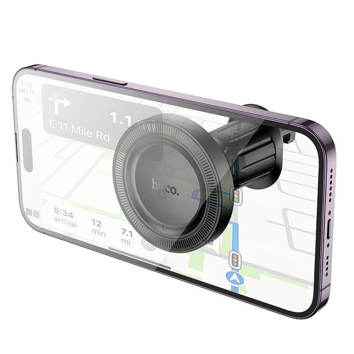 Ein schwarzer Handyhalter mit Navigations-App auf dem Bildschirm.