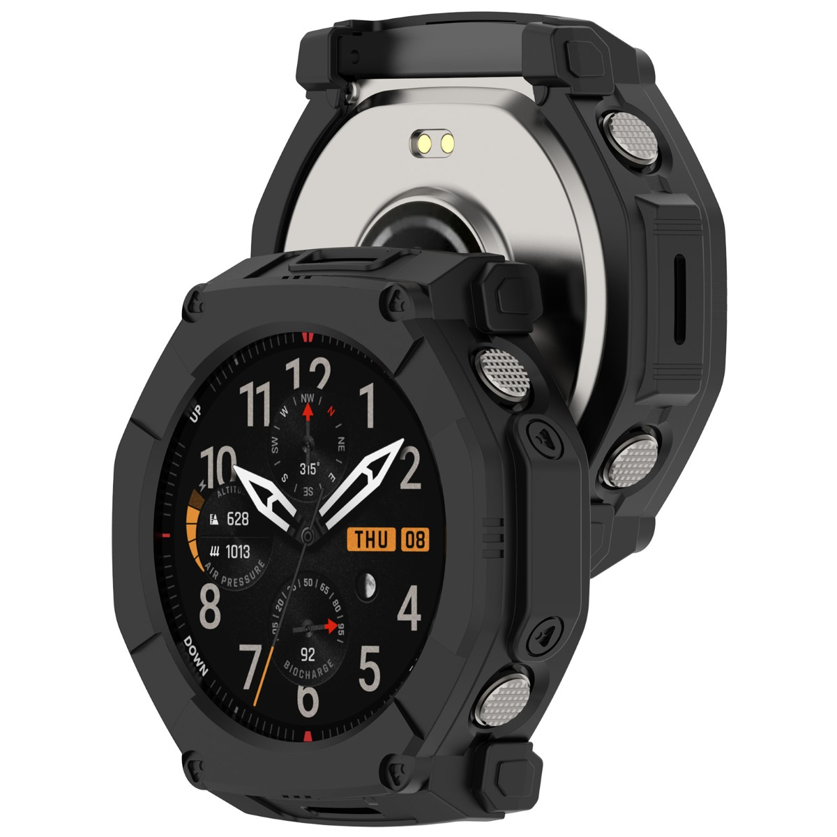 Schwarze Smartwatch mit silbernem Ladeanschluss und Zifferblatt.