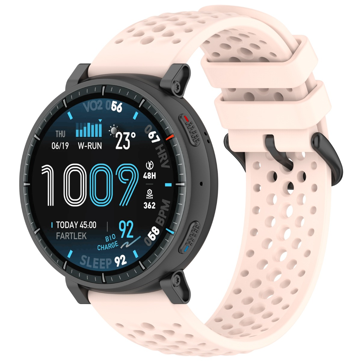 Eine rosafarbene Smartwatch mit schwarzem Gehäuse und vielen Funktionen.