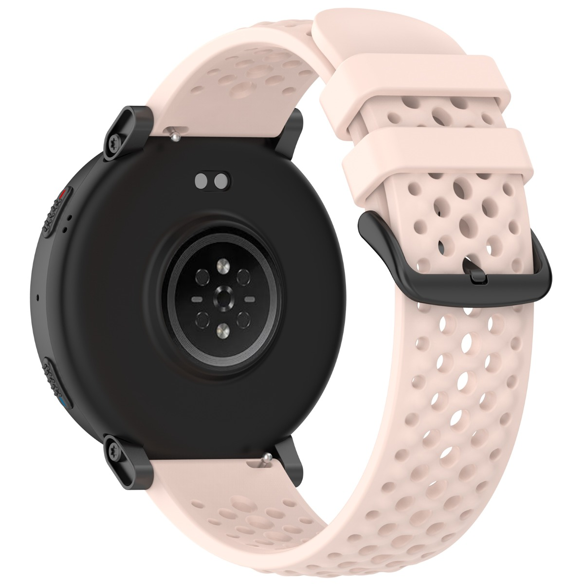 Rückseite einer rosa Smartwatch mit schwarzem Herzfrequenzsensor und Locharmband.