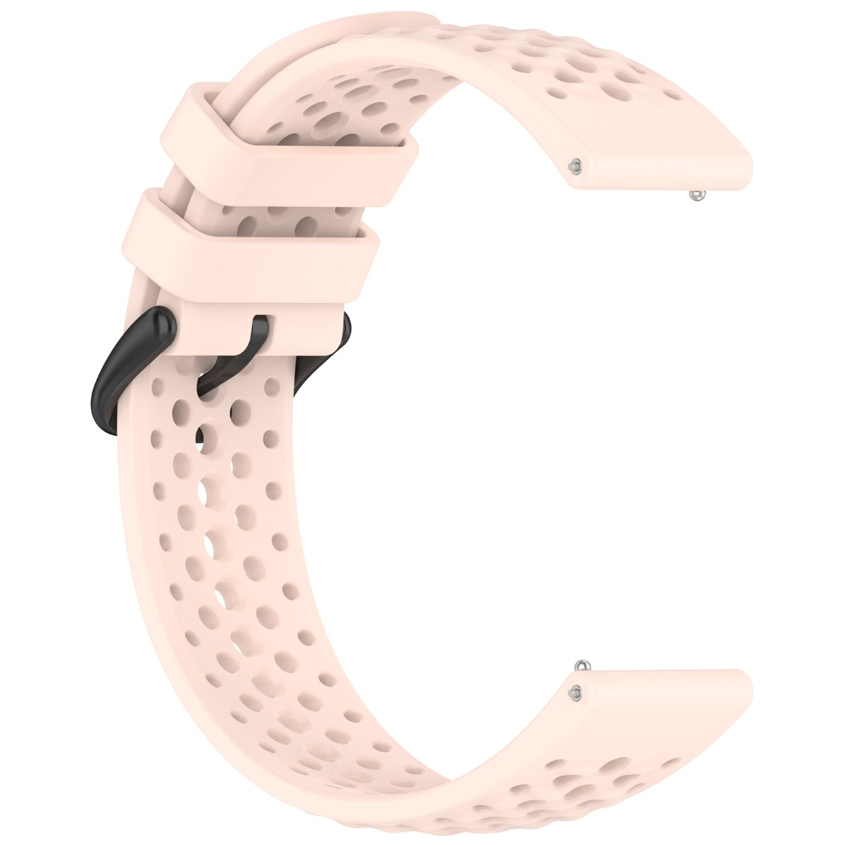 Ein hellrosa Uhrenarmband mit Perforationen und schwarzer Schnalle.