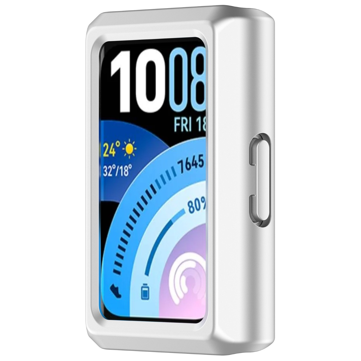 Ein silbernes Smartwatch-Gehäuse mit einem Bildschirm, der 1008, Fri 18, 24 Grad und 80 % anzeigt.
