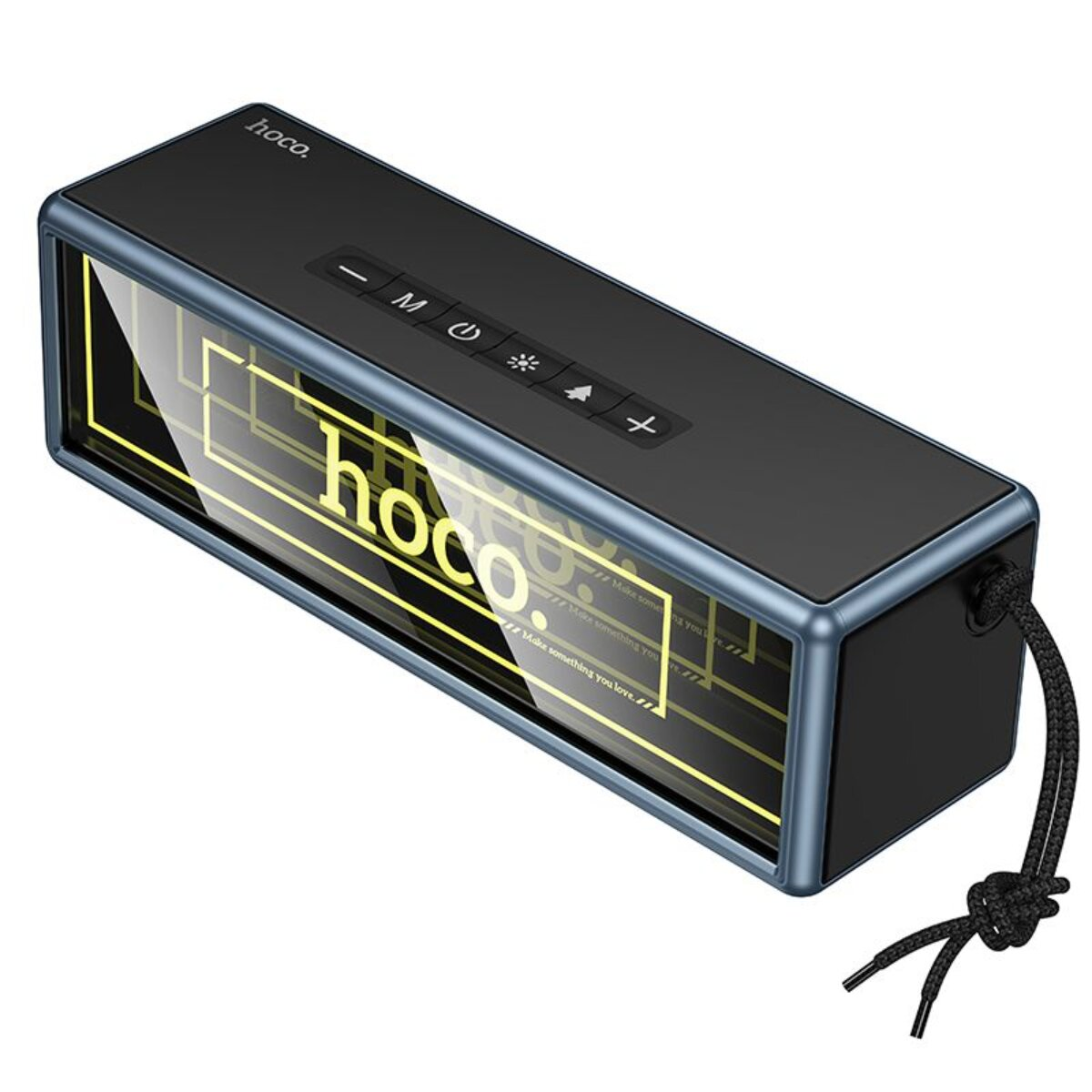 Schwarzer Lautsprecher mit Hoco-Logo und Touch-Bedienelementen.