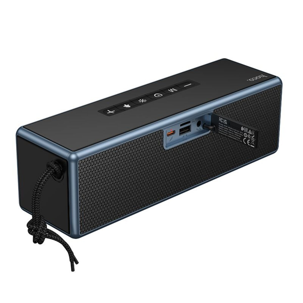 Schwarzer rechteckiger Lautsprecher mit blauer Zierleiste, USB-Anschlüssen und Tasten oben.