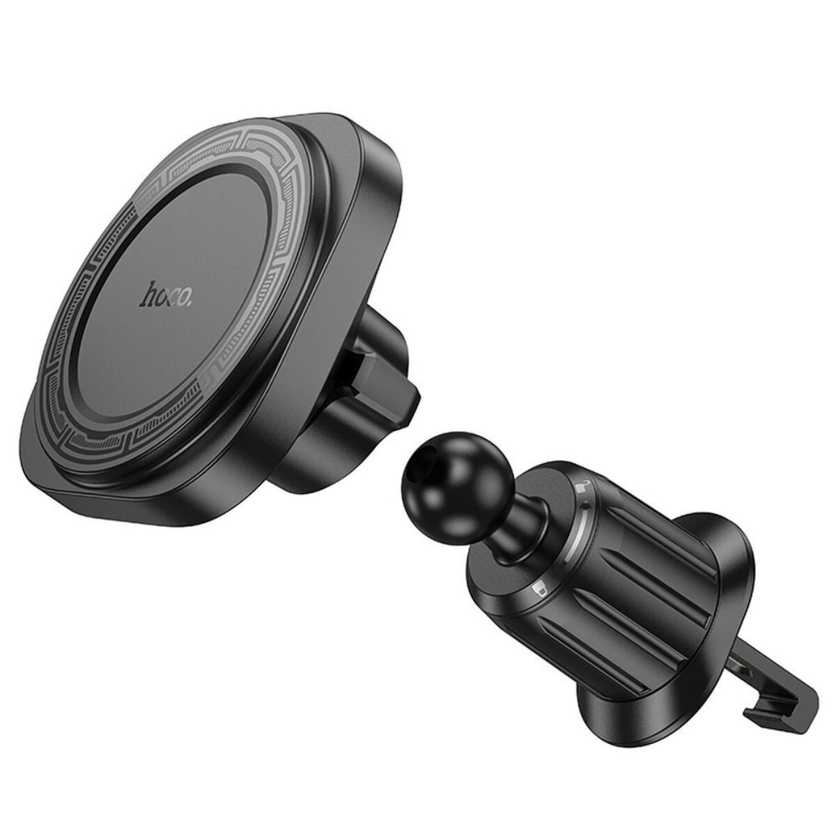 Schwarze magnetische Handyhalterung fürs Auto mit Lüftungsschlitzklemme.