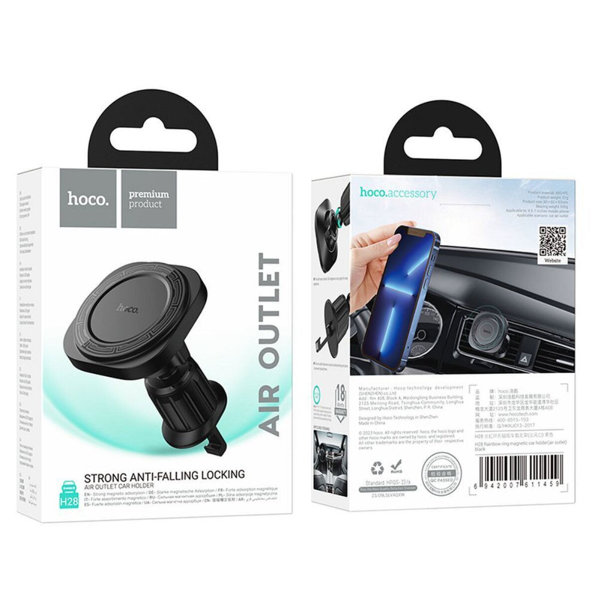Zwei Hoco Autohalterungen für Lüftungsschlitze, schwarz. Eine zeigt das Produkt, die andere die Verpackung.