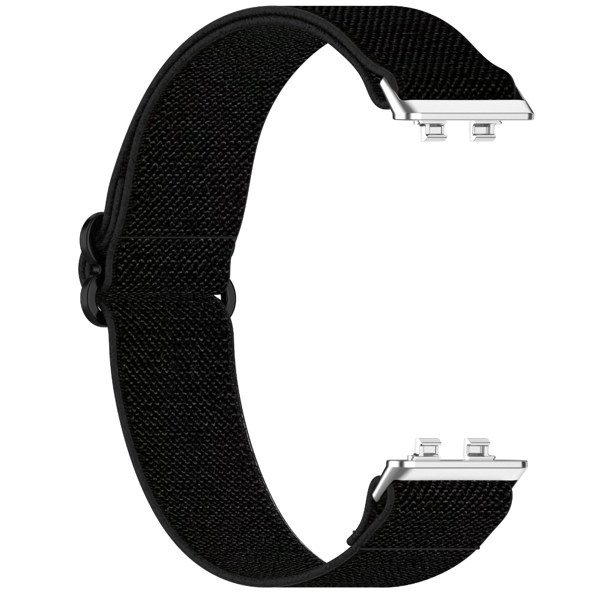 Schwarzes Stoffarmband mit silbernen Anschlüssen und verstellbarem Verschluss.