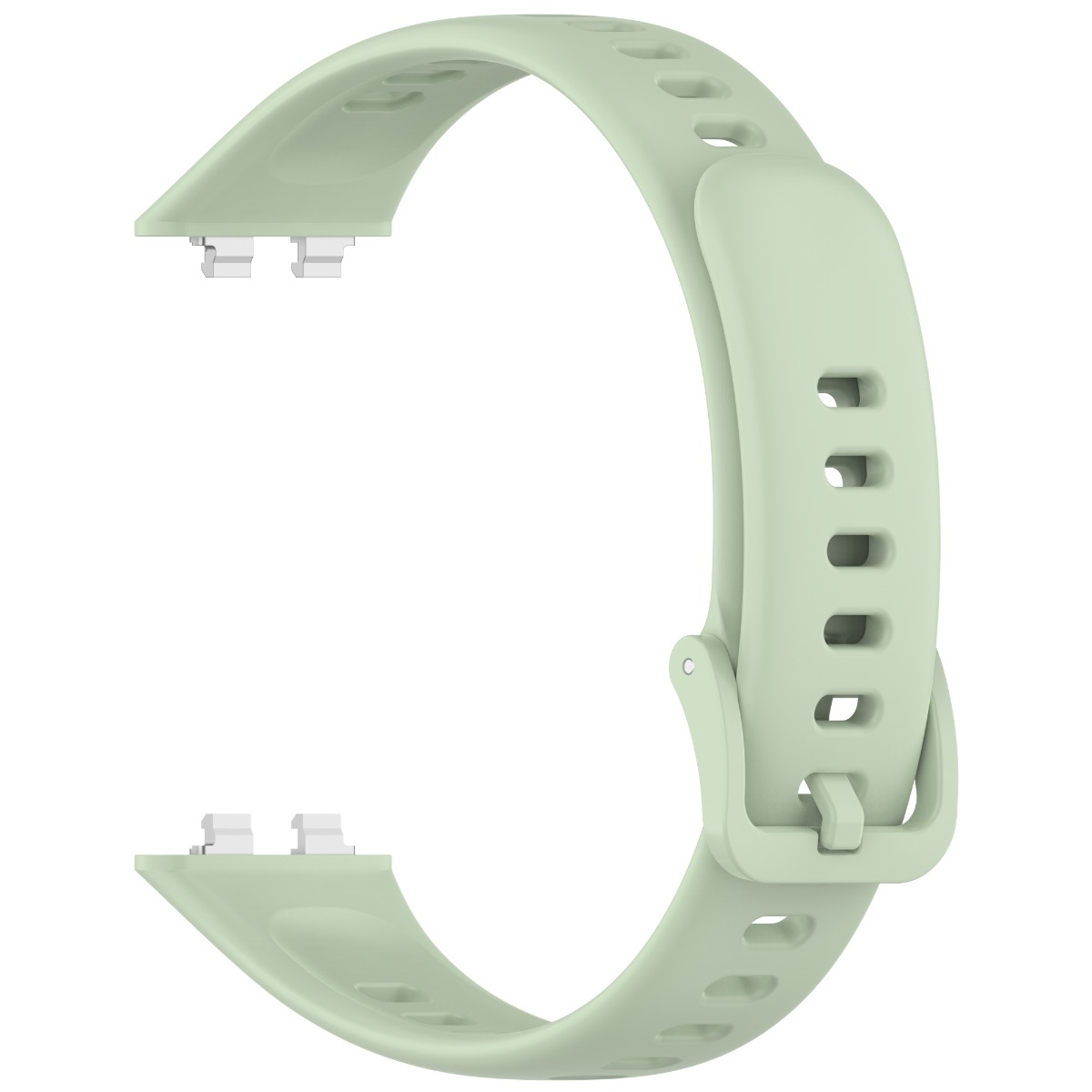 Ein hellgrünes Uhrenarmband mit Schnalle und Lochmuster.
