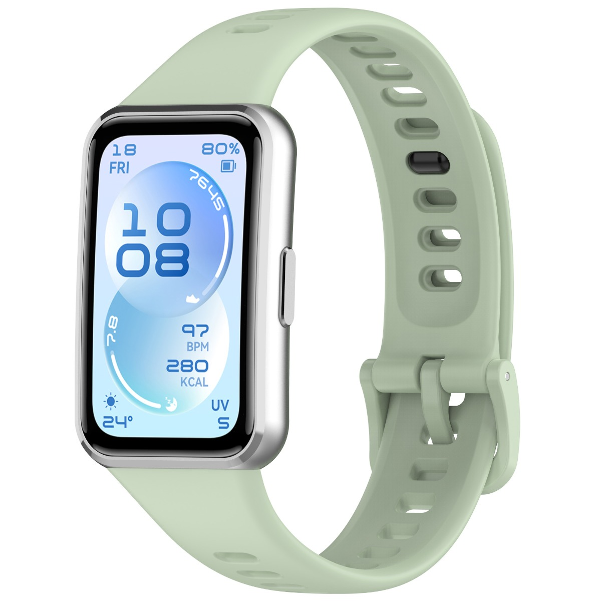 Eine hellgrüne Smartwatch mit silbernem Rahmen zeigt Uhrzeit, Herzfrequenz und Kalorien an.