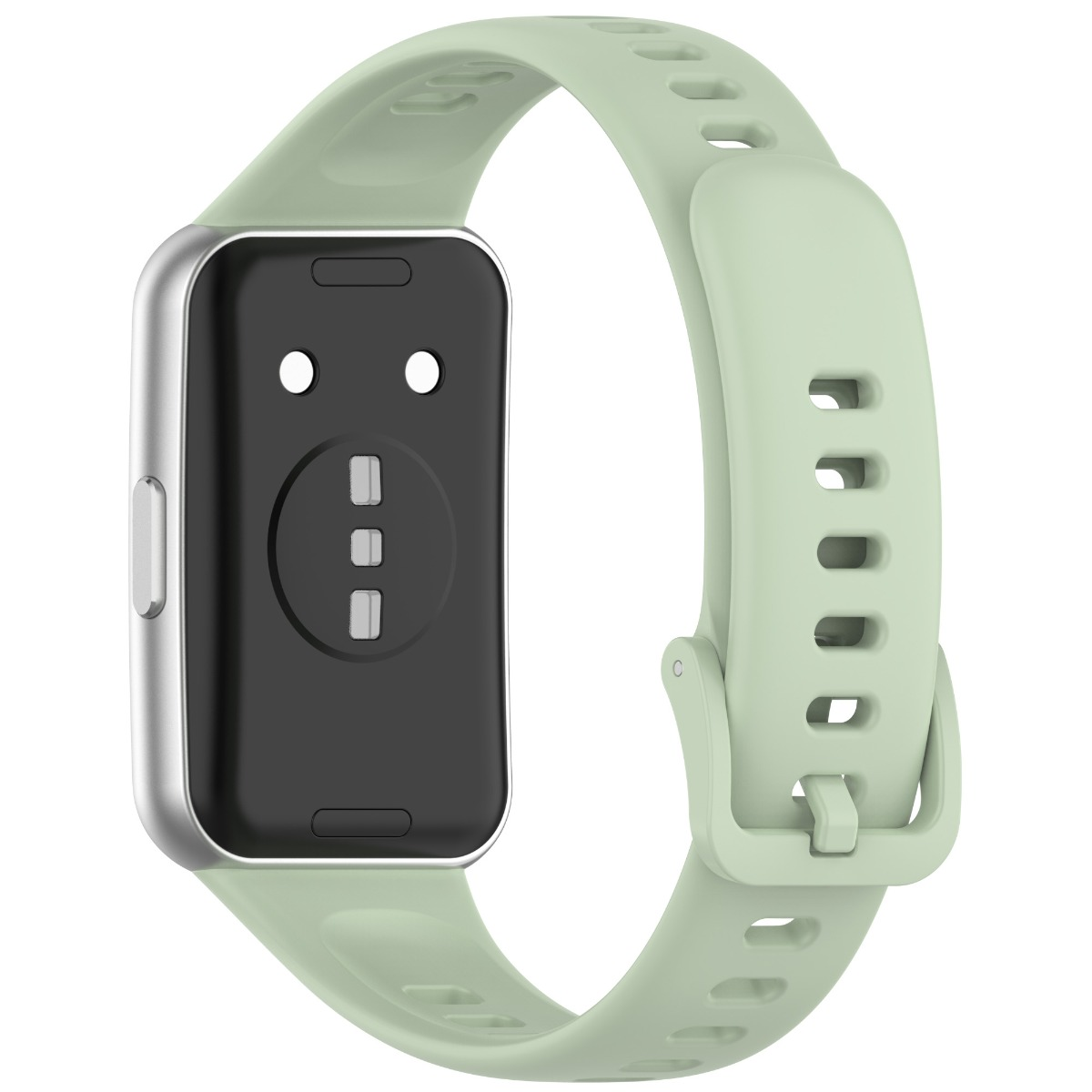 Ein hellgrüner Fitnesstracker mit silbernem Rahmen und schwarzer Sensoranordnung auf der Rückseite.