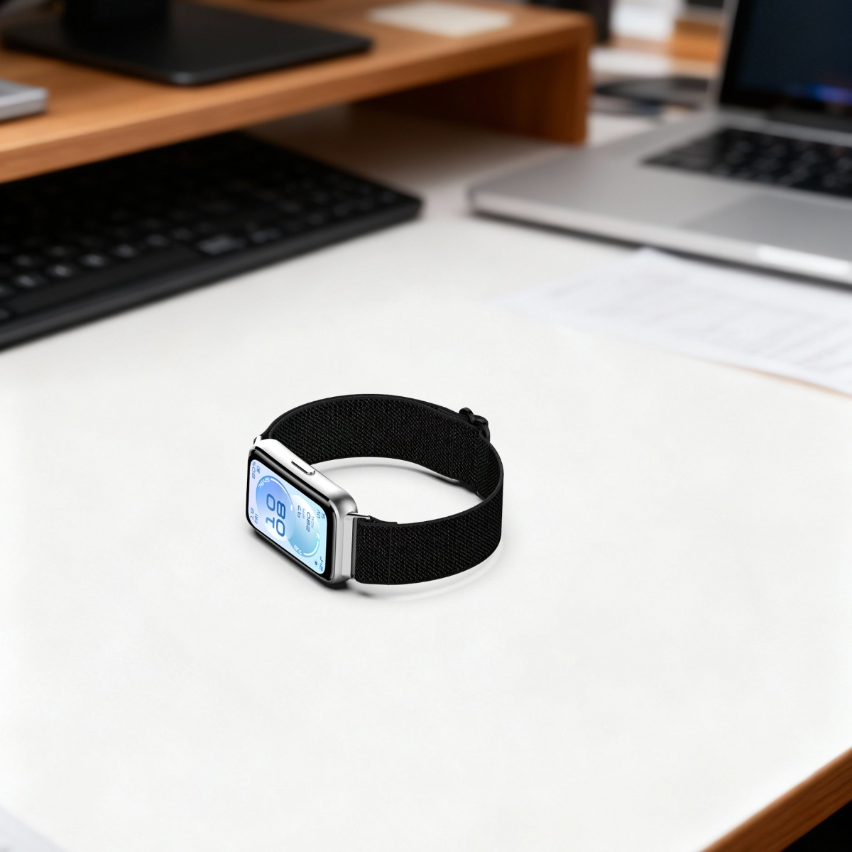 Eine silberne Smartwatch mit schwarzem Band liegt auf einem weißen Schreibtisch neben einem Laptop.