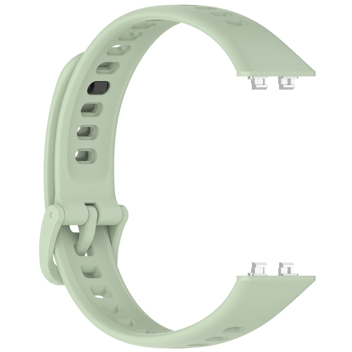 Ein hellgrünes Uhrenarmband mit Löchern und silbernen Anschlüssen.