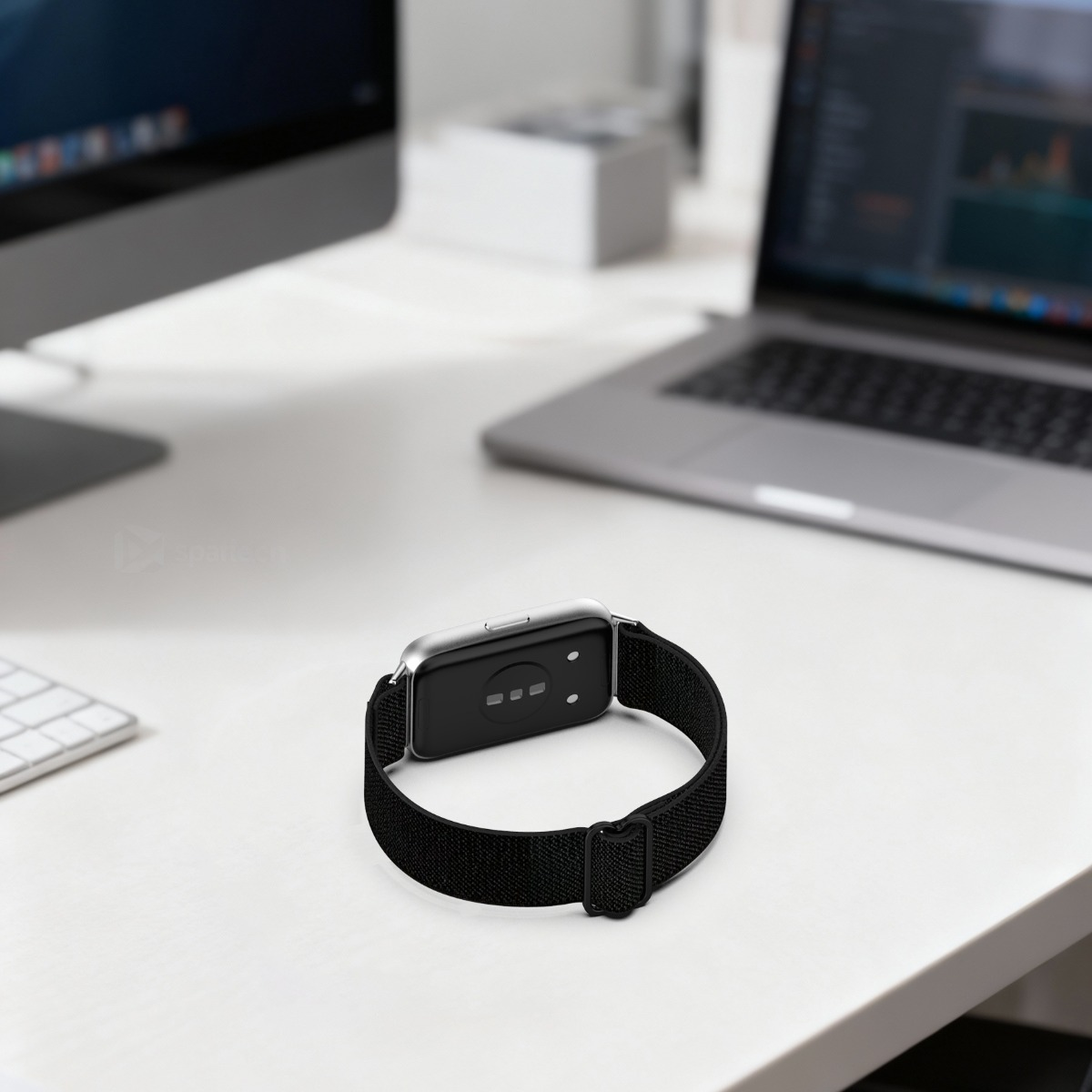 Ein schwarzes Armband an einem Smartwatch-Gehäuse liegt auf einem Schreibtisch.