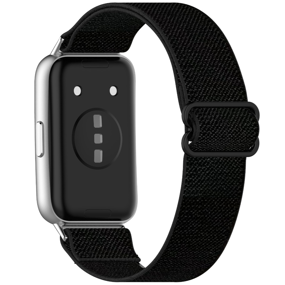Rückseite einer Smartwatch mit schwarzem Stoffarmband und silbernem Gehäuse.